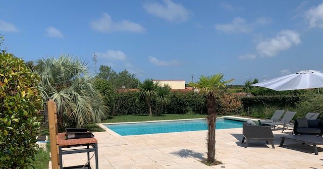 Piscine à Bidart avec plage en pierre claire et palmiers